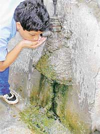 A student drinks water from a pump where moss is grown all over