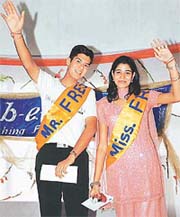 Dhruv and Sonam, wave out to the students after being selected Mr and Miss Fresher respectively at a freshers part in GGDSD College, Sector 32 Chandigarh, on Friday