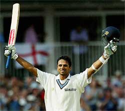 India's batsman Rahul Dravid celebrates his century