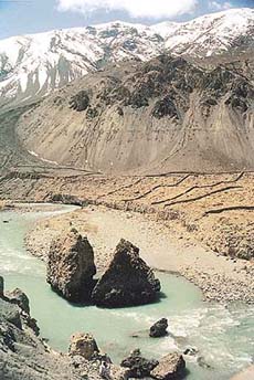The Spiti river snaking past mountains