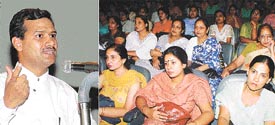 Dr Vikas Jindal of the Ludhiana chapter of the Indian Dental Association addresses teachers of Kundan Vidya Mandir on dental health awareness