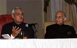 Prime Minister Atal Behari Vajpayee with Indian ambassador in USA Lalit Mansingh