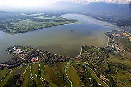 An aerial picture of the famous Dal Lake
