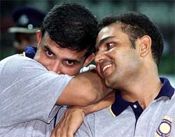 Key architects of Indias win,Saurav Ganguly and Virender Sehwag smile during the awards ceremony