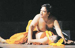 A scene from Pahlad Aggarwals play Tat Niranjana staged at Tagore Theatre in Chandigarh on Monday.