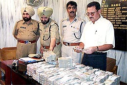 From right to left: Jalandhar Range IG S.K. Sharma, Ludhiana DIG Mohammed Mustafa, Jagraon SSP M.S. Chinna and SP (HQ) Jagraon Amarjit Singh 