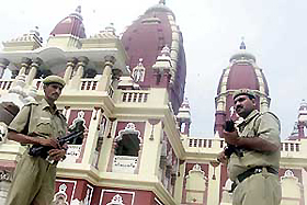 Armed policemen guard Birla Mandir