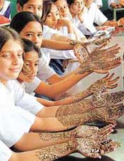 Creative designs applied on hands during mehndi competition as part of the Open Talent Search Competition-2002 held at Government Model Senior Secondary School, Sector 19-C