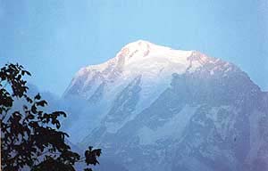 The snow-clad Jorkanden peak as seen from Kalpa