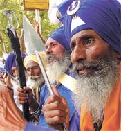 Sikh farmers during a protest march at Jantar Mantar