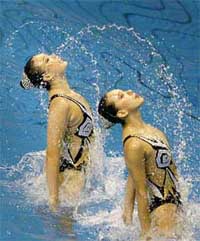 South Koreas Jang Yoon-kyung and Kim Min Jeong perform their synchronised swimming duet free routine