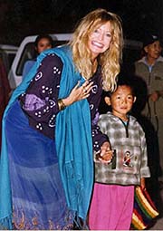 Film star Goldie Hawn arrives with Renzin Khachoe for a performance of traditional dances at the Tibetan Childrens Village School at Dharamsala 