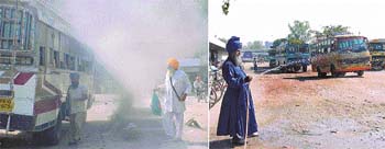 Troubled by flying dust , president of the Ludhiana Auto-rickshaw Workers Federation, Jathedar Kulbir Singh , waters broken roads at the local bus stand