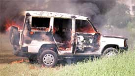 The TATA Sumo that caught fire due to a short circuit at Karkardooma court 