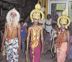 Actors playing Ram, Laxman and Vishwamitra strike a pose