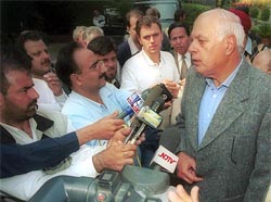 Chief Minister Farooq Abdullah along with Omar Abdullah talks to mediapersons