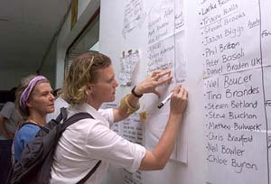Volunteers post the names on a board