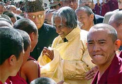 President A.P.J. Abdul Kalam is welcomed by monks of Tawang Monastery during his visit to Arunachal Pradesh