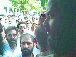 VHP activists outside the DCs office in Jhajjar, where they warned the administration of a backlash if action is taken against the perpetrators of violence