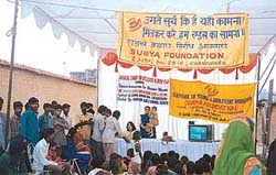 An AIDS awareness camp for migrant labourers in progress at Panchkula