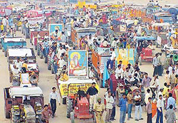 A shobha yatra being taken out on the eve of Valmiki Jayanti in Ludhiana on Sunday.