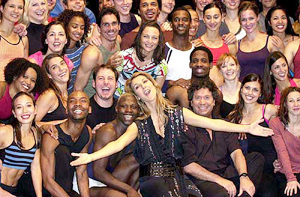 Canadian singer Celine Dion with other members of the cast during the preview of her upcoming show 
