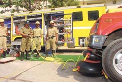Fire officials demonstrate the many uses of the high-tech vans, equipped with rapid response appliances and varied sophisticated gadgets, at Delhi Fire Services headquarters