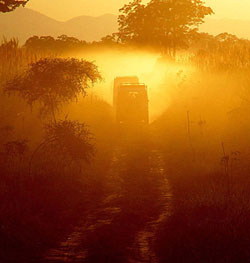 Tourists on a jeep safari return to their camp