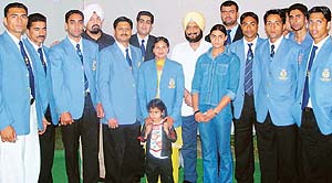 Medallists of the Busan Asian Games who were honoured with cash awards by the Punjab Government at a function in Chandigarh on Wednesday.
