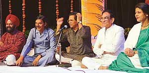 Humorist Dr Ashok Chakradhar (centre) with exponents of hasya ras, Manjit Singh, Surendra Sukumar, Bhai Alhad and Dr Madhumohini Upadhyay, during a Hasya Kavi Sammelan in Tagore Theatre, Chandigarh, on Saturday. 