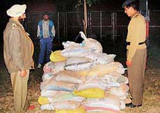 Policemen guard a trunch motar shell discovered in Sector 38, Chandigarh, on Friday.