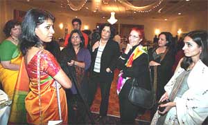 Bollywood actress Nandita Das speaks to members and supporters of Manavi