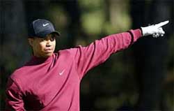 Tiger Woods of the USA reacts after a tee shot on the fourth hole during the final round of the Dunlop Phoenix tournament in Miyazaki, southwestern Japan