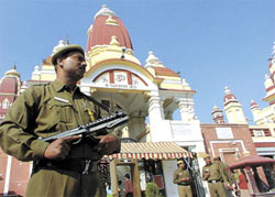 Armed police personnel posted at Birla Mandir in the Capital following the terrorist attack