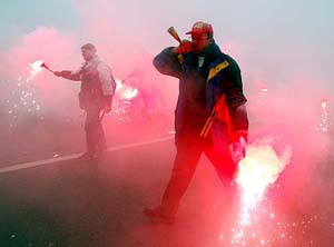 National Railway Company employees blow bugles