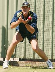 Australias Matthew Hayden practices his catching on the eve of the third Ashes cricket Test against England in Perth on Thursday. 