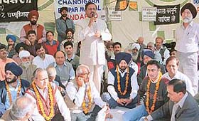 Former MP Satyapal Jain addresses the traders protesting against the rent Act in Chandigarh on Friday