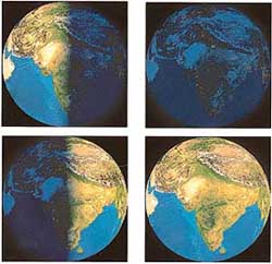 Clockwise from top: The Earth as viewed at  evening, night, noon and morning