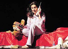 A scene from play Women in Black, written and enacted by Bubbles Sabharwal and directed by Arvind Gaur, which was staged in Tagore Theatre, Sector 18, Chandigarh, on Monday.