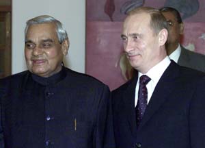 Indian Prime Minister Atal Behari Vajpayee with Russian President Vladimir Putin in New Delhi, on Tuesday. 