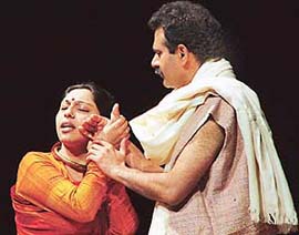 A scene from the play Agni Aur Barkha being staged in Tagore Theatre, Chandigarh, on Wednesday.