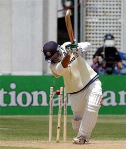 Indias Rahul Dravid is clean bowled for seven by New Zealands Shane Bond on the third day of the first cricket