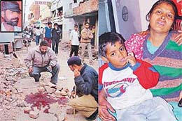 Policemen examine the spot where Shiv Kumar (inset) was murdered in Hallo Majra village on Sunday; and (right) Shivs wife with her five-year-old son