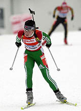 Olga Zubrilova of Belarus makes her way to win the World Cup women's biathlon