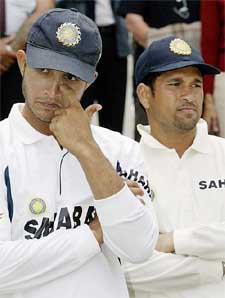 Indias captain Saurav Ganguly stands with Sachin Tendulkar after they lost the second cricket Test against New Zealand