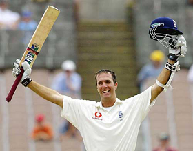 Englands Michael Vaughan acknowledges his century on the fourth day of the fourth Test against Australia 