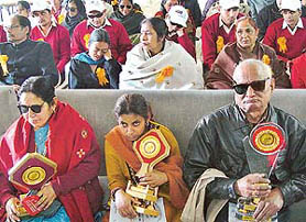 Visually-impaired instructors being honoured at a convention on education for the blind held in the Punjab School Education Board office, SAS Nagar, on Friday