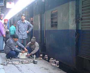 Northern Railway officials test "Raksha Kavatch" on Friday.