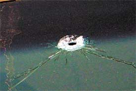 The windscreen of the car which was involved in the shootout