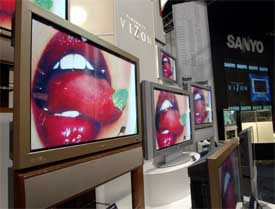 Sanyo displays a variety of flat-panel plasma television during Consumer Electronics Show in Las Vegas